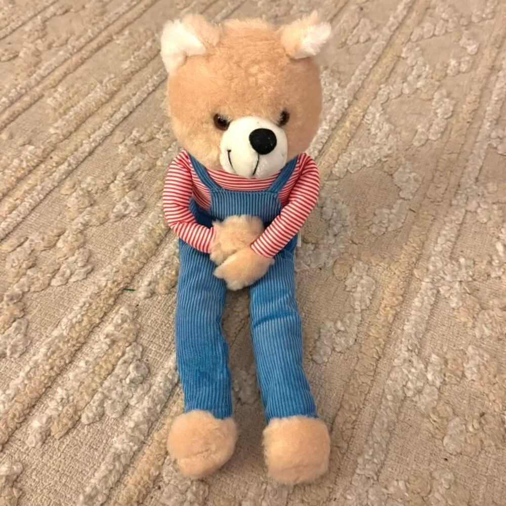 Vintage Our Own Import Teddy Bear Knee Hugger Blue Overalls Red Striped Shirt